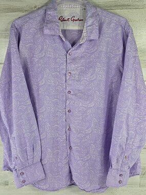 ROBERT GRAHAM Classic Fit SZ 4XL Button Front Shirt Purple Paisley Linen Cotton.